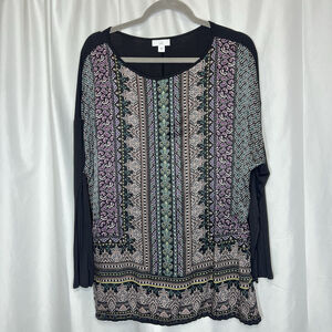 J.Jill Women’s Long Sleeve Boho Tunic Top XL Black Geo Print Raglan Paisley